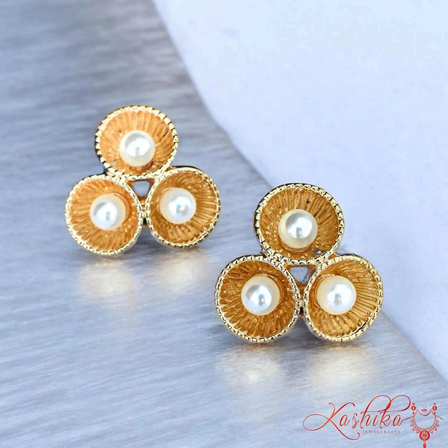 Gold Textured Triple Pearl Stud Earrings - Kashika JewelCrafts