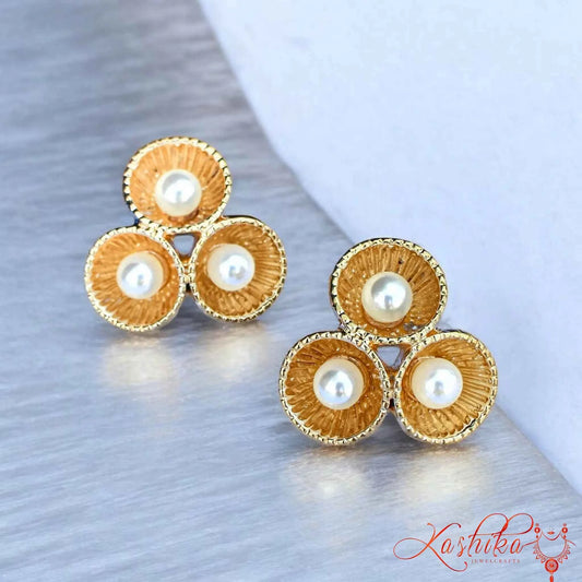Gold Textured Triple Pearl Stud Earrings - Kashika JewelCrafts