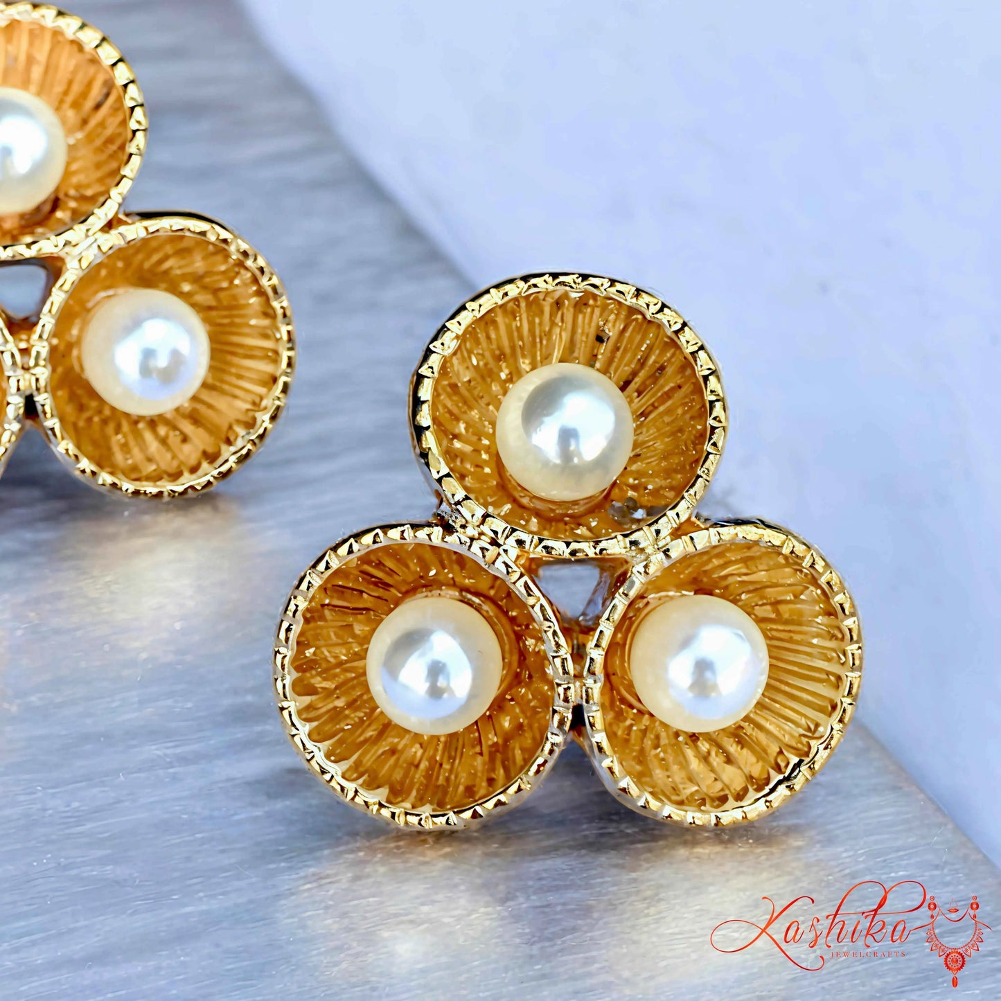Gold Textured Triple Pearl Stud Earrings - Kashika JewelCrafts
