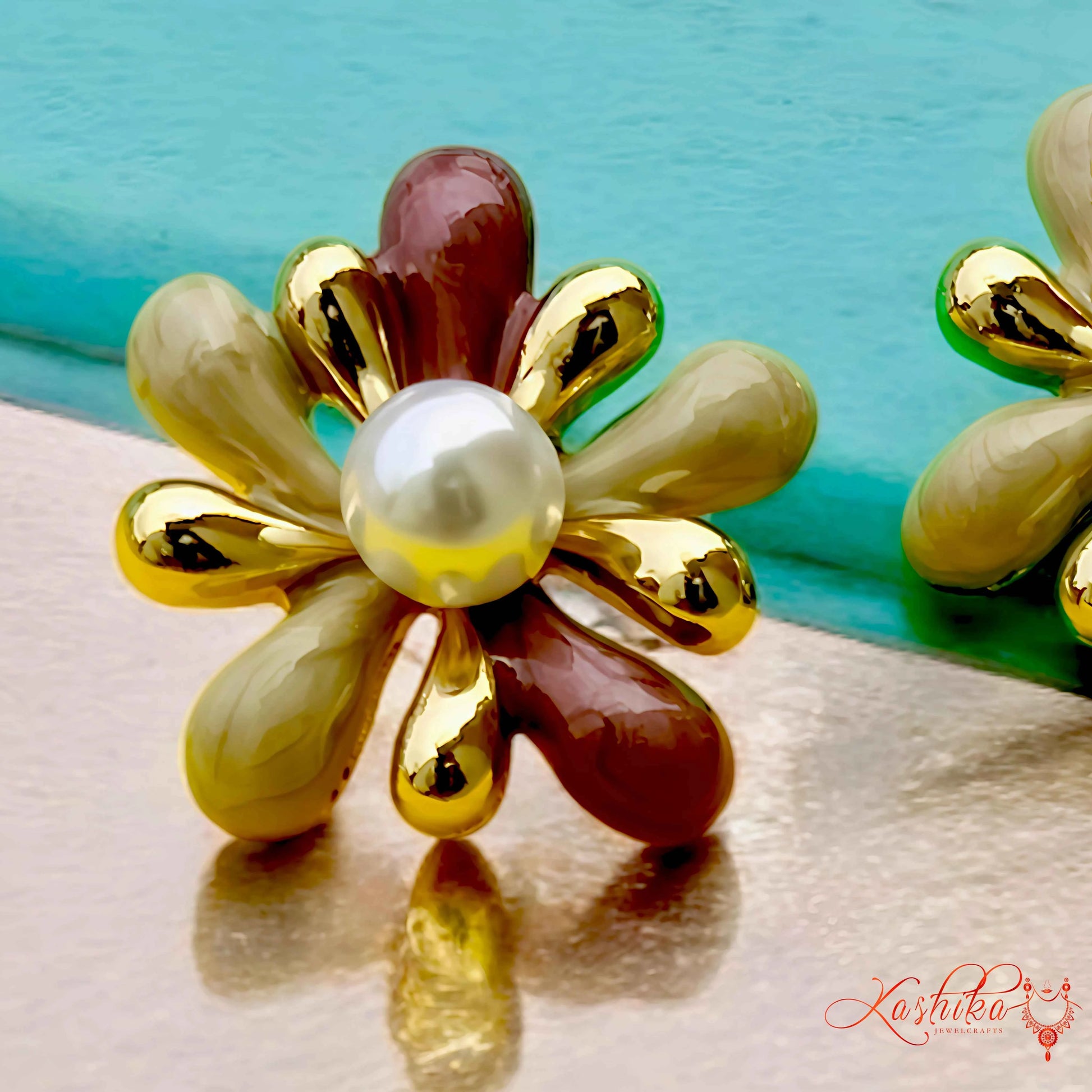 Floral Pearl Stud Earrings – Gold-Plated Daisy Design - Kashika JewelCrafts