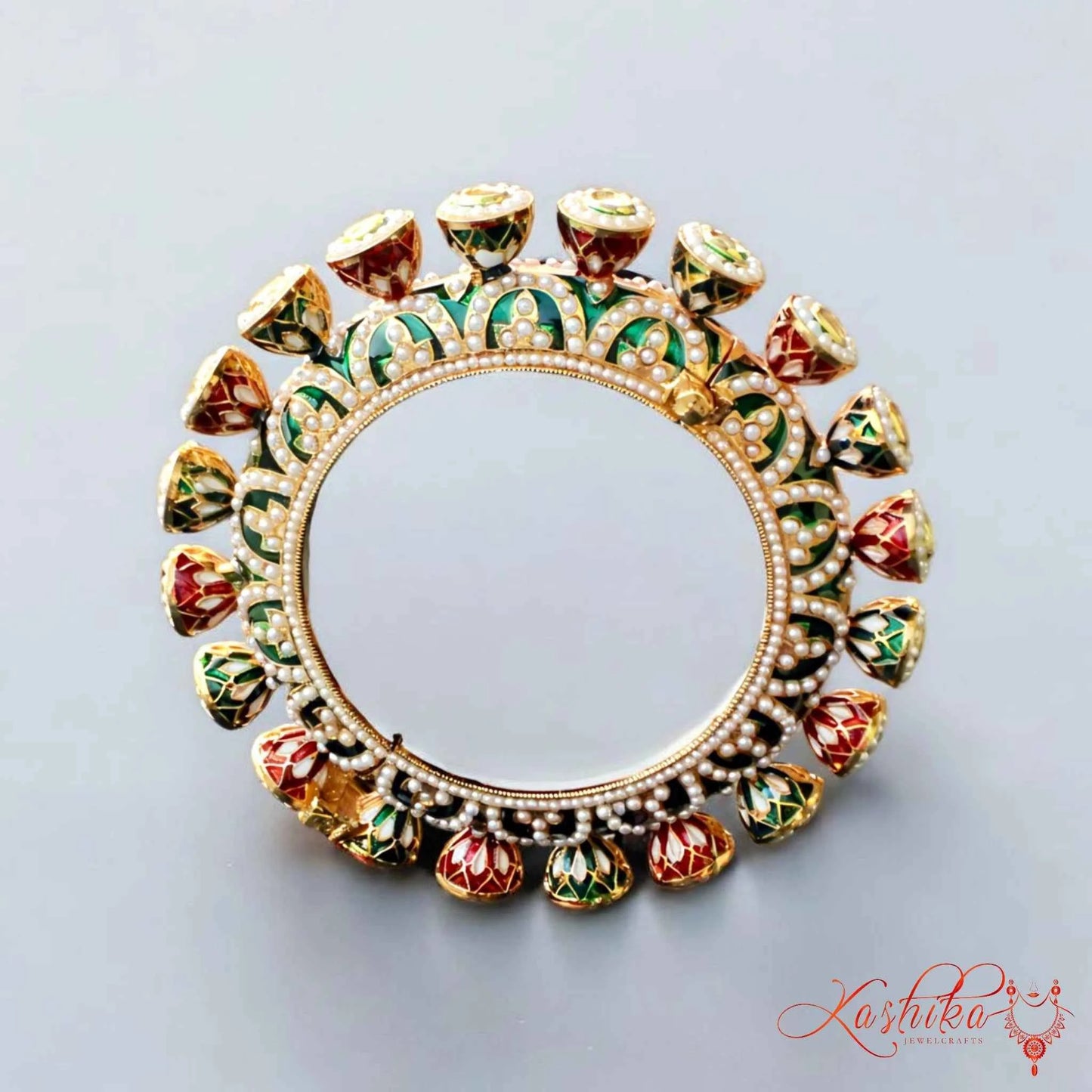 Kundan Enamel Pearl Bangle – Traditional Rajasthani Kada - Kashika JewelCrafts