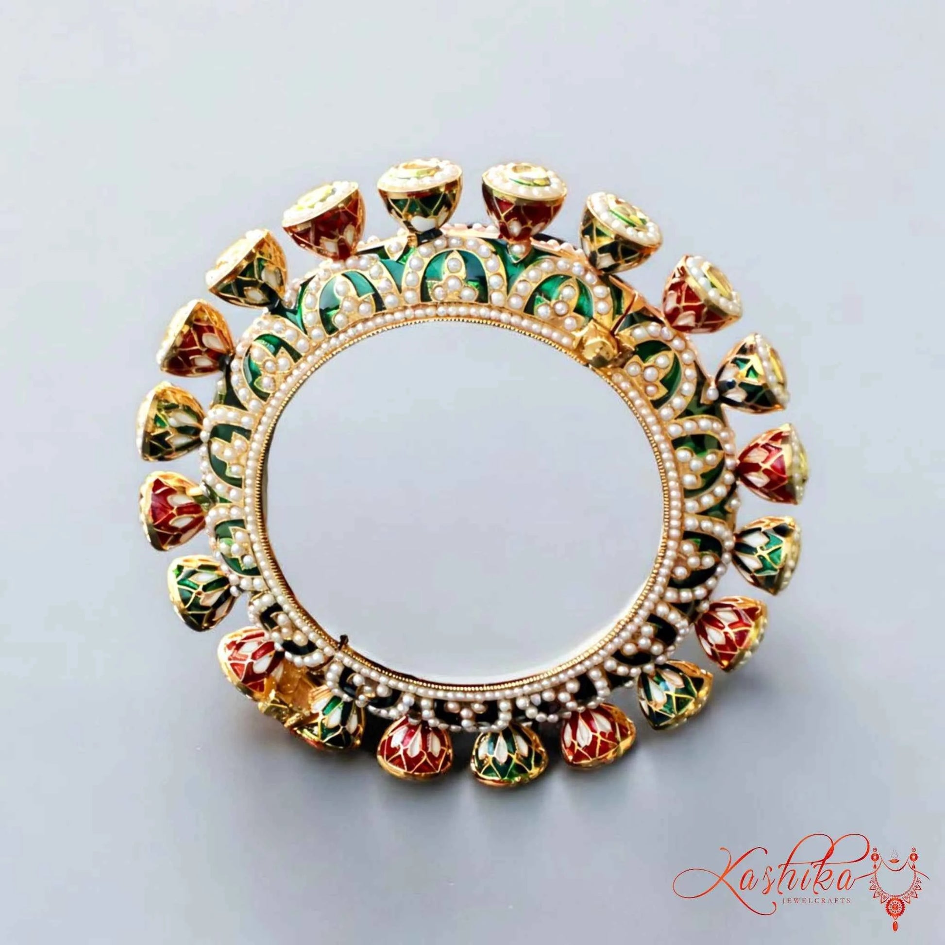 Kundan Enamel Pearl Bangle – Traditional Rajasthani Kada - Kashika JewelCrafts