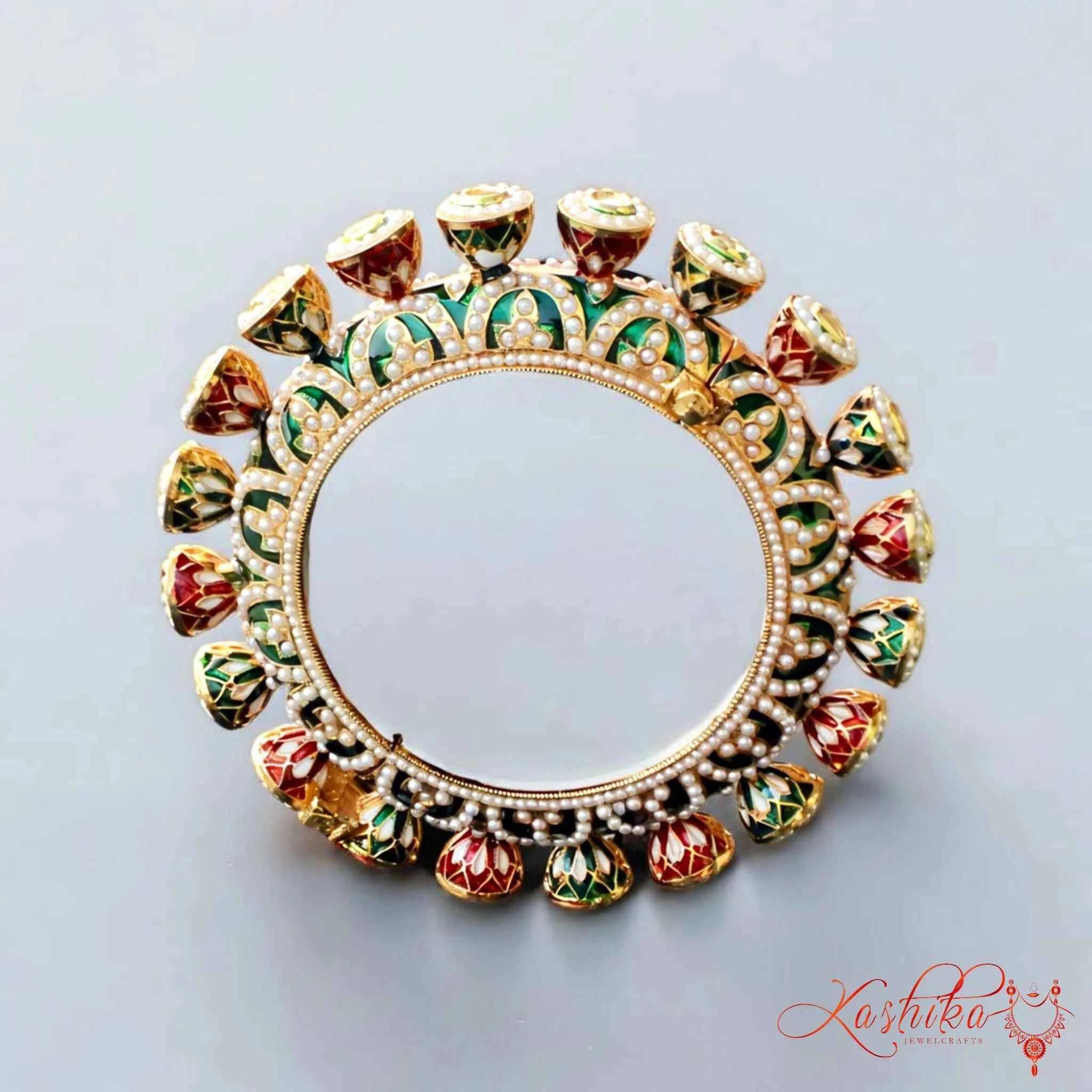 Kundan Enamel Pearl Bangle – Traditional Rajasthani Kada - Kashika JewelCrafts