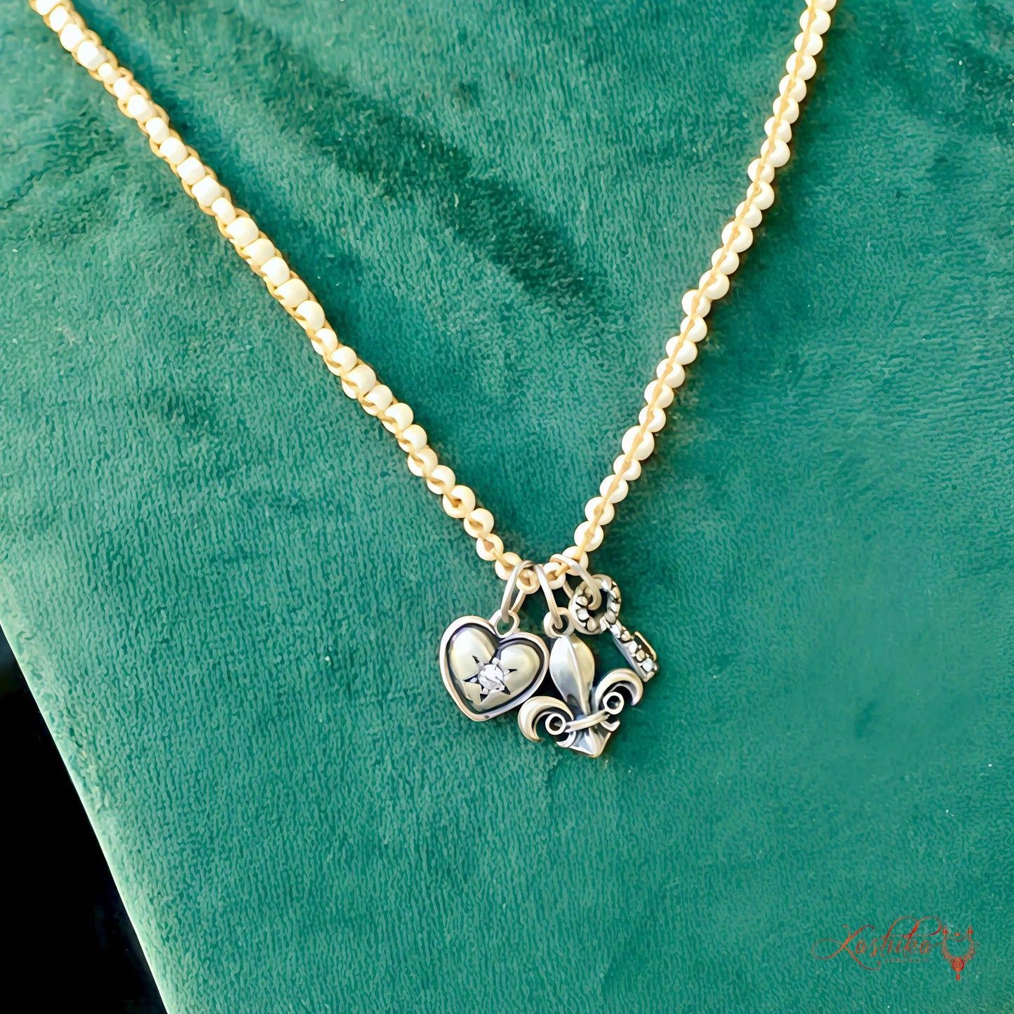Pearl Beaded Charm Necklace with Heart, Key & Fleur De Lis Jewelry for Women - Kashika JewelCrafts
