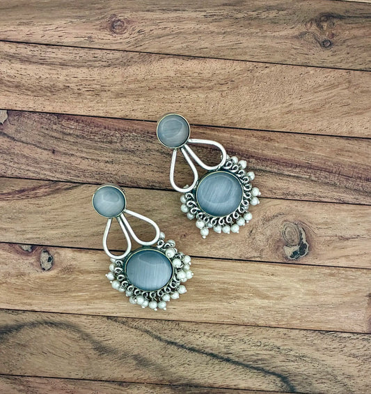 Grey Stone Pearl Dangle Earrings – Antique Silver Ethnic Statement Earrings