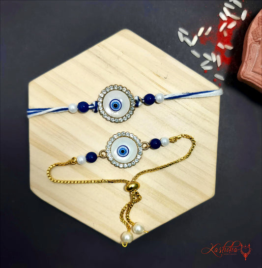 Evil eye Couple rakhi set featuring blue and white string rakhi for brother and re-wearable evil eye bracelet for sister-in-law (bhabhi) 