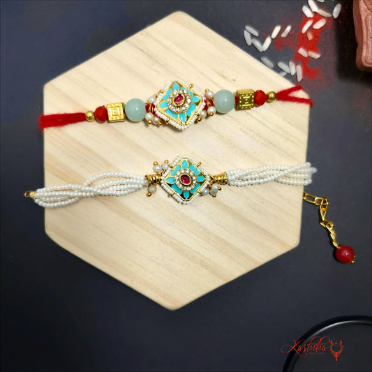 Blue and red kundan couple rakhi set with a ed thread rakhi for brother and a white beaded , re-wearable kundan bracelet with moti for sister-in-law 