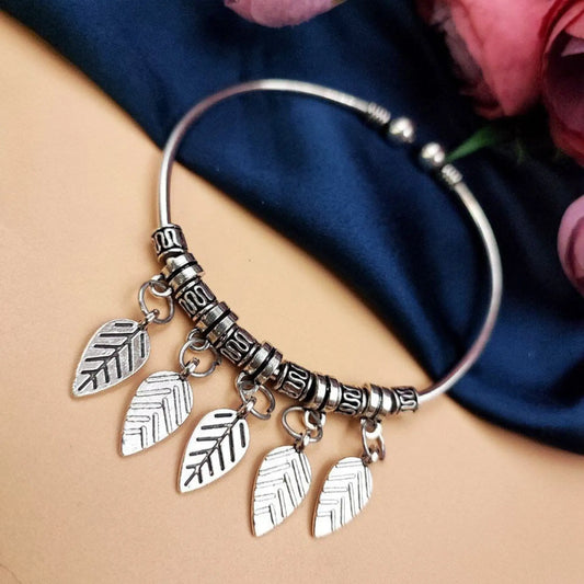 Oxidised Silver Leaf Charm Bracelet for Women | Boho Ethnic Kada