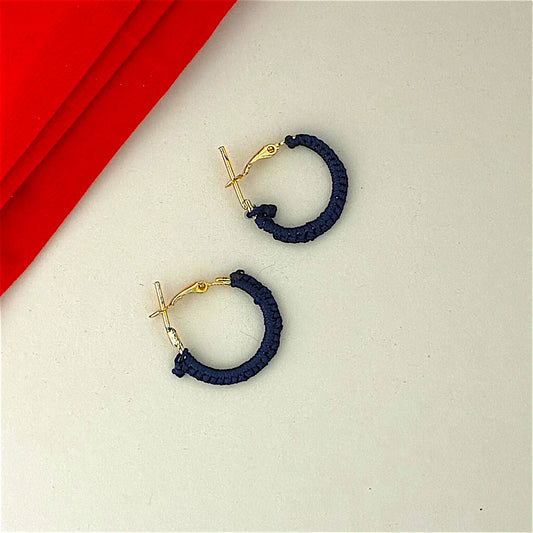 Mini Navy Blue Crochet Hoop Earrings with Gold Finish | Lightweight Handmade Jewellery