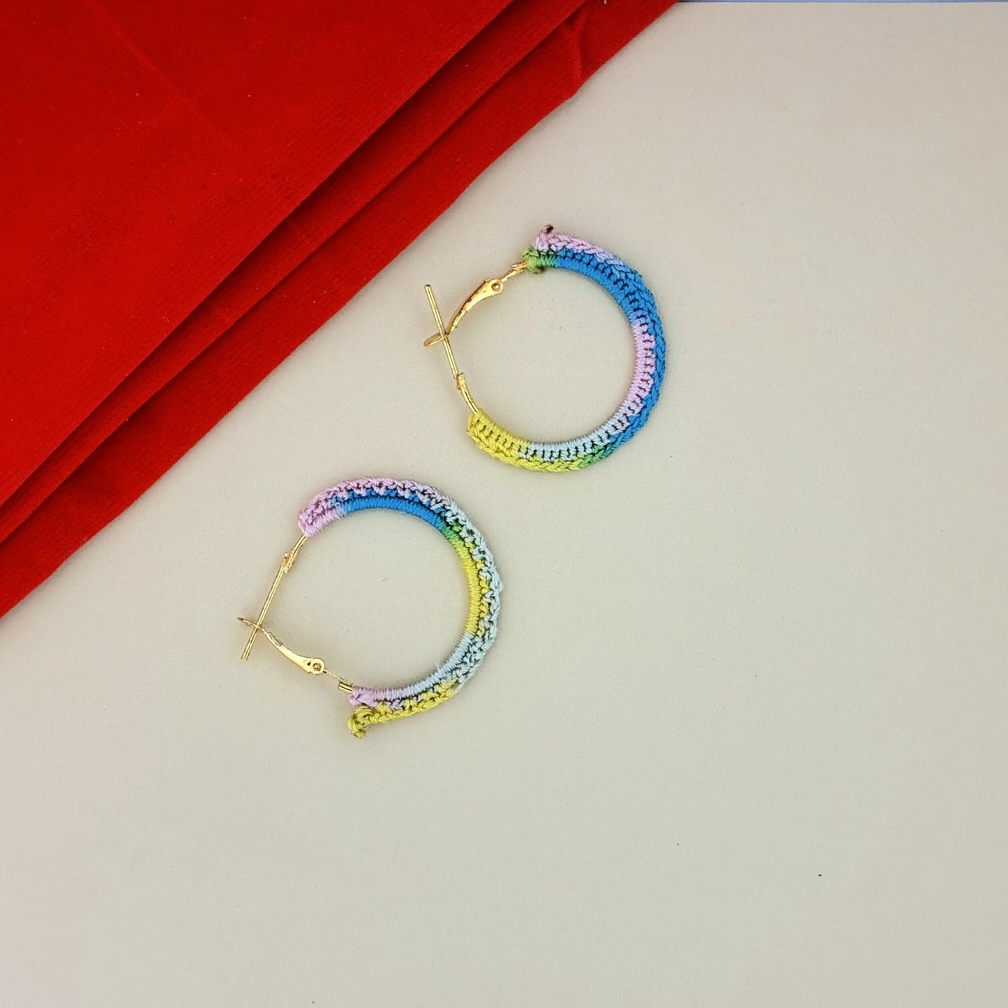 Multicolour Crochet Hoop Earrings with Gold Finish | Handmade Lightweight Jewellery