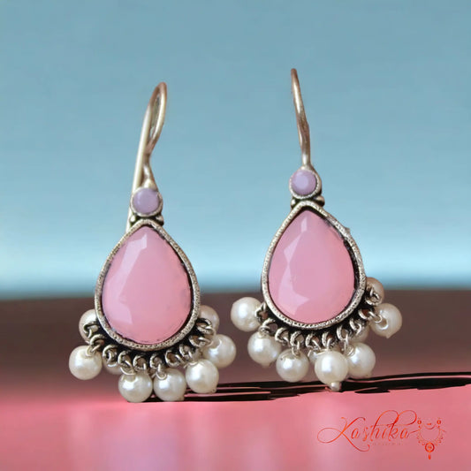 Pink Teardrop Stone Pearl Dangle Earrings – Elegant Ethnic & Party Wear Earrings