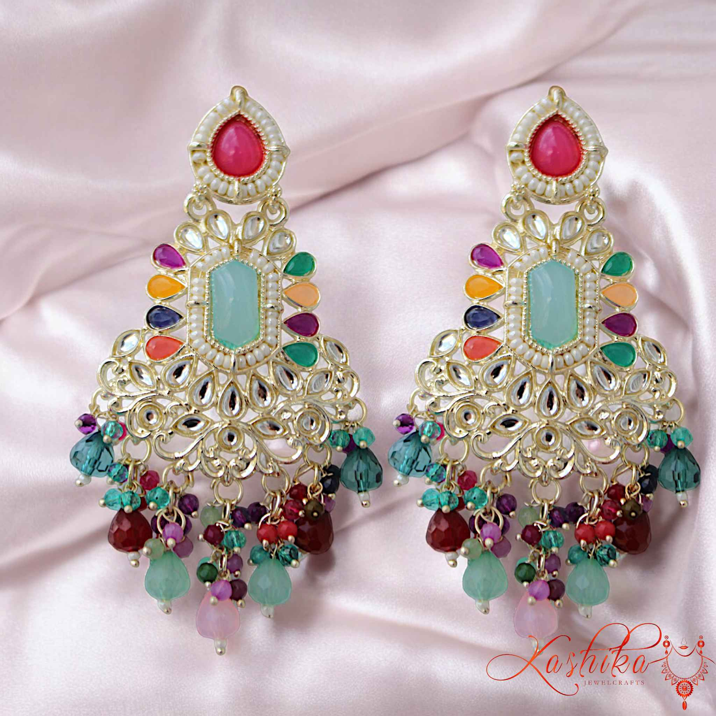 Multicolor Ethnic Kundan Earrings - Kashika JewelCrafts