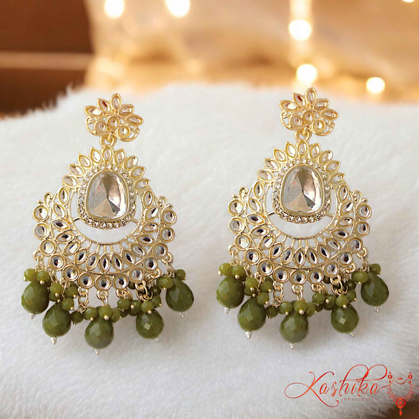 Mehendi Green Kundan Ethnic Earrings - Kashika JewelCrafts
