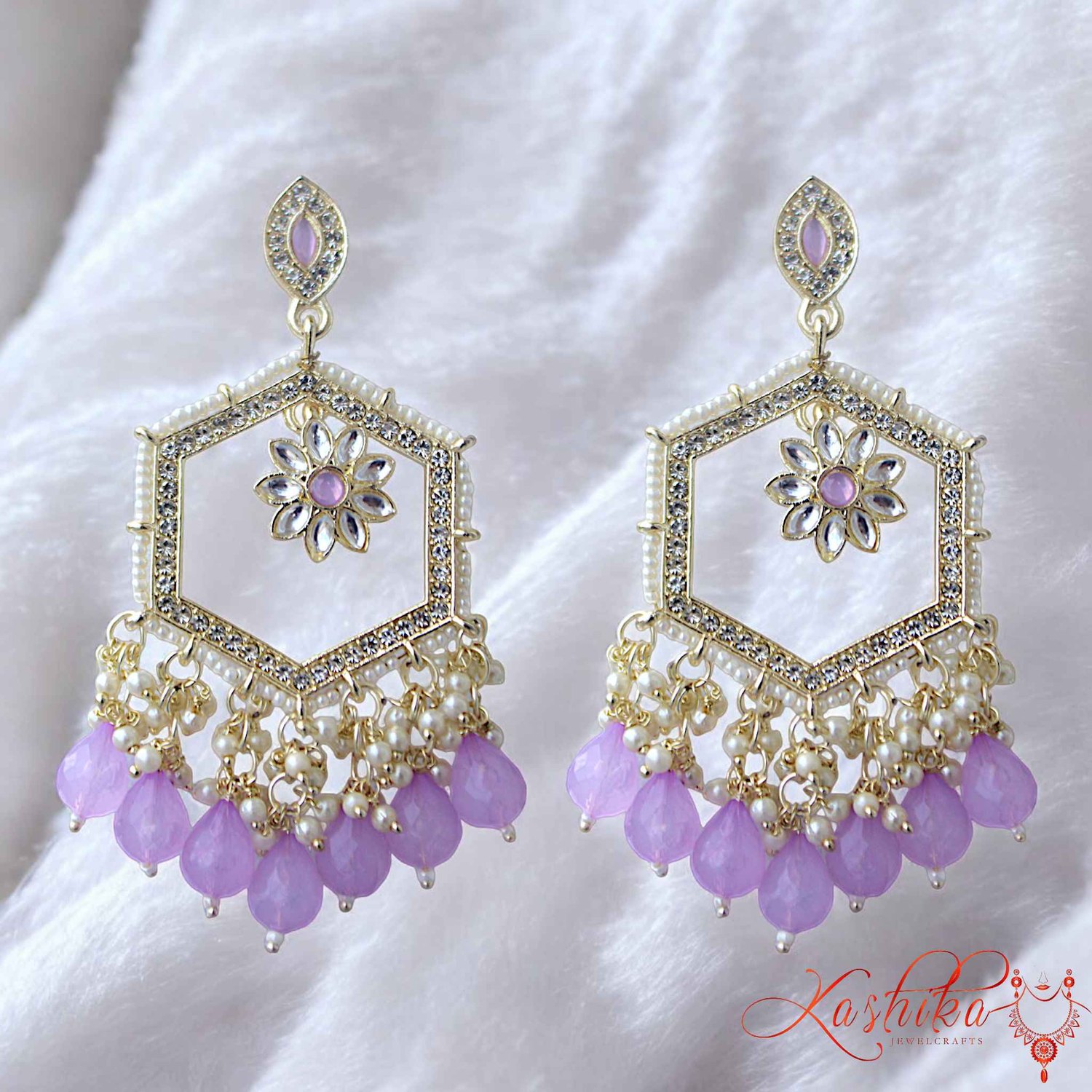 Lavender Beads and AD Stone Ethnic Earrings - Kashika JewelCrafts