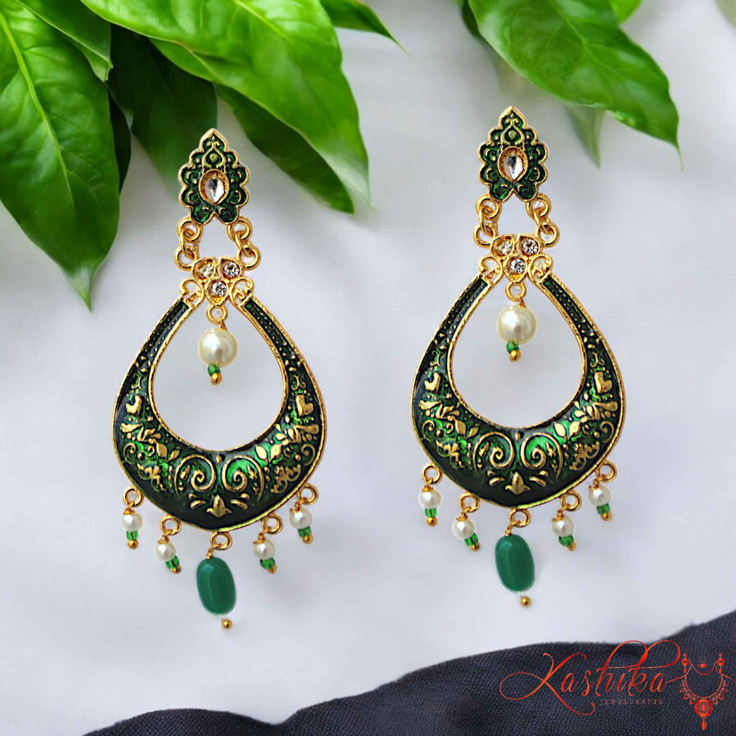 Green Meenakari Ethnic Earrings - Kashika JewelCrafts