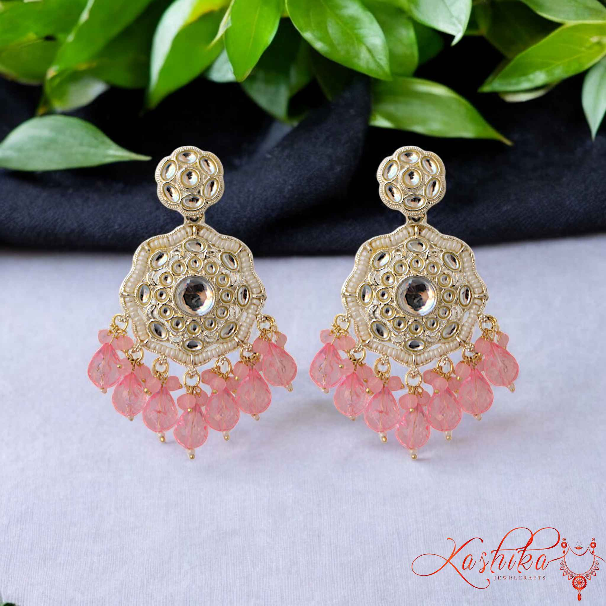 Baby Pink Kundan Ethnic Earrings - Kashika JewelCrafts