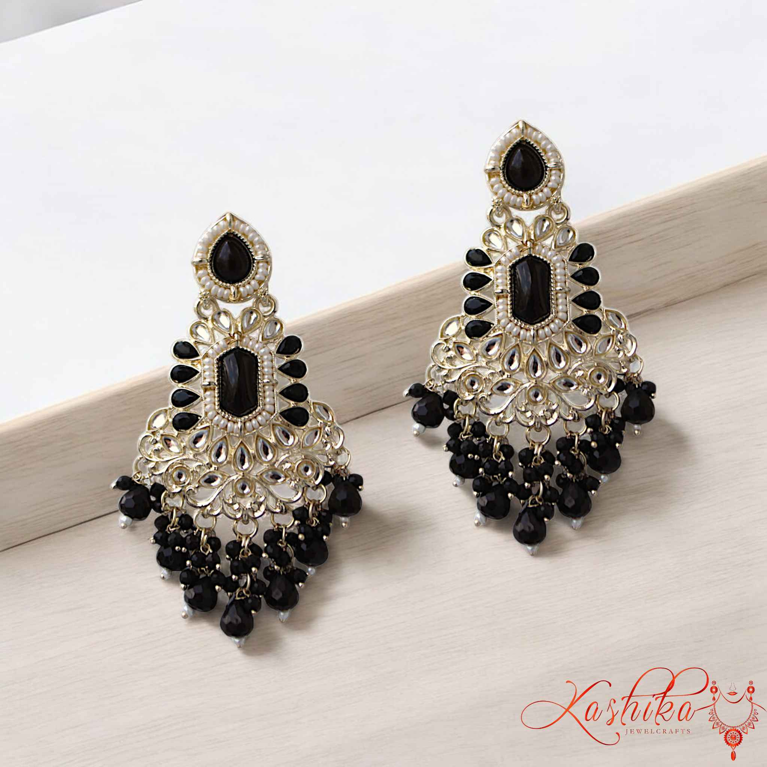 Black Stone and Kundan Ethnic Earrings - Kashika JewelCrafts