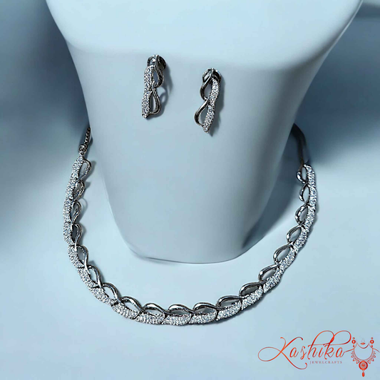 Silver Plated American Diamond Necklace Set - Kashika JewelCrafts