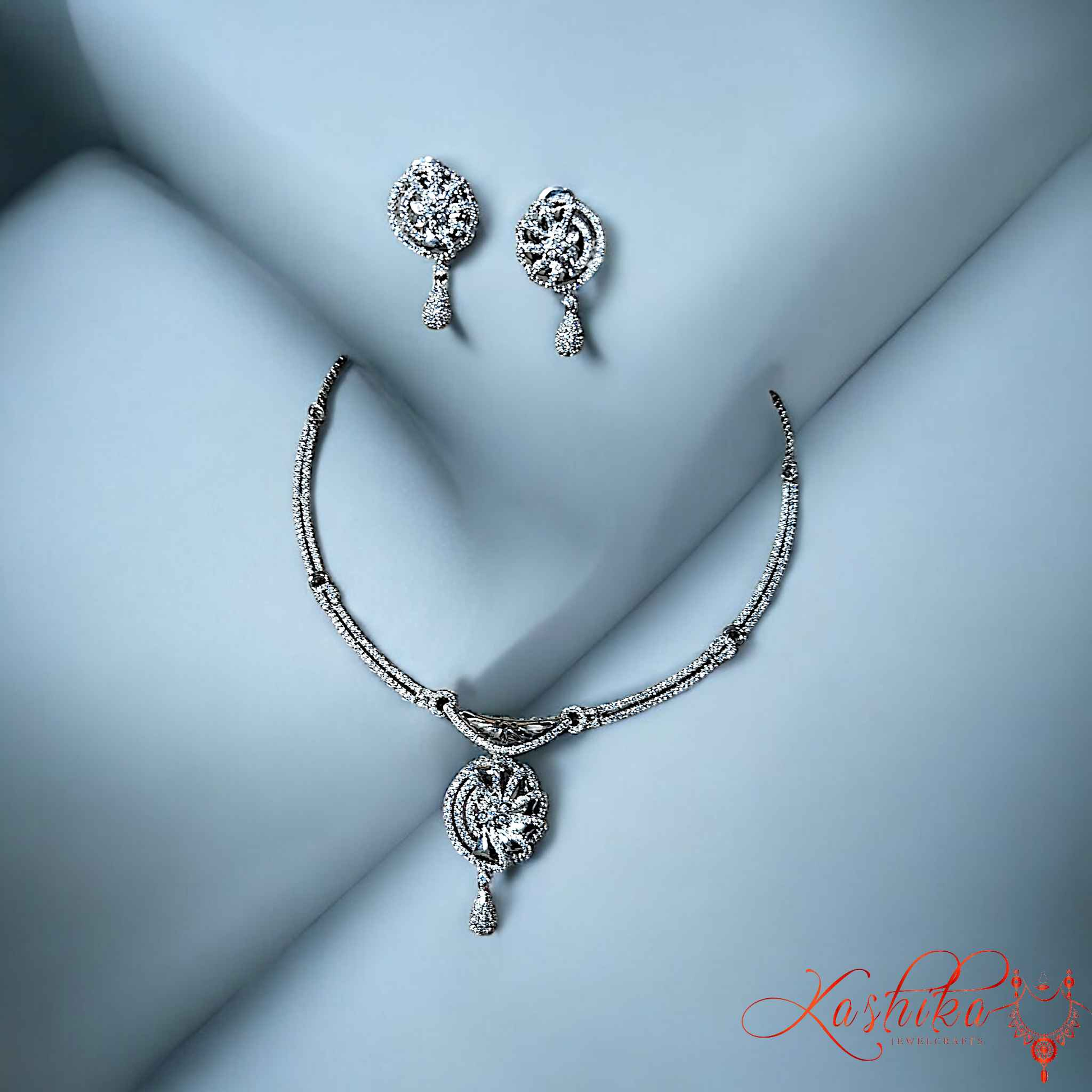 White Flower Style American Diamond Necklace Set - Kashika JewelCrafts