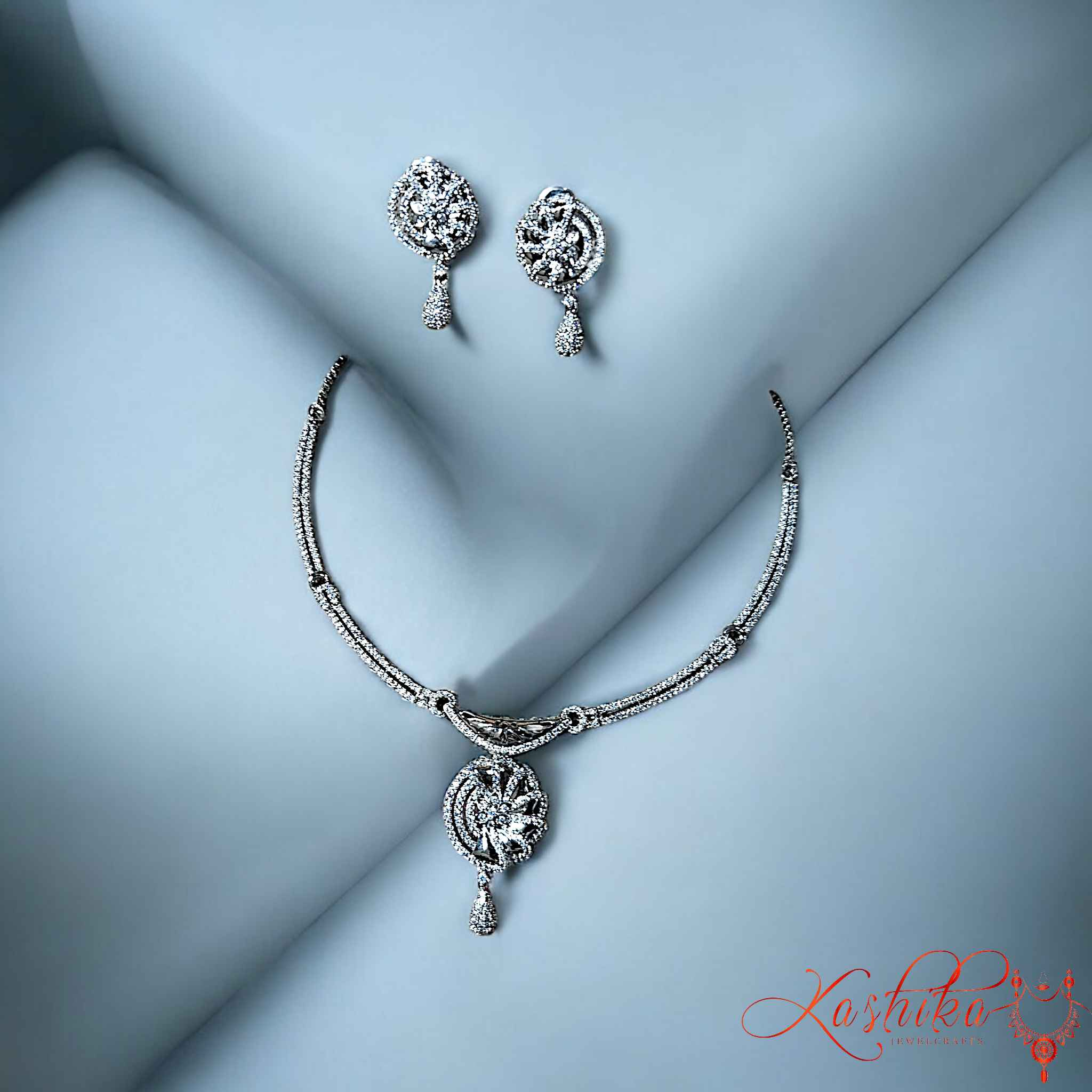 White Flower Style American Diamond Necklace Set - Kashika JewelCrafts