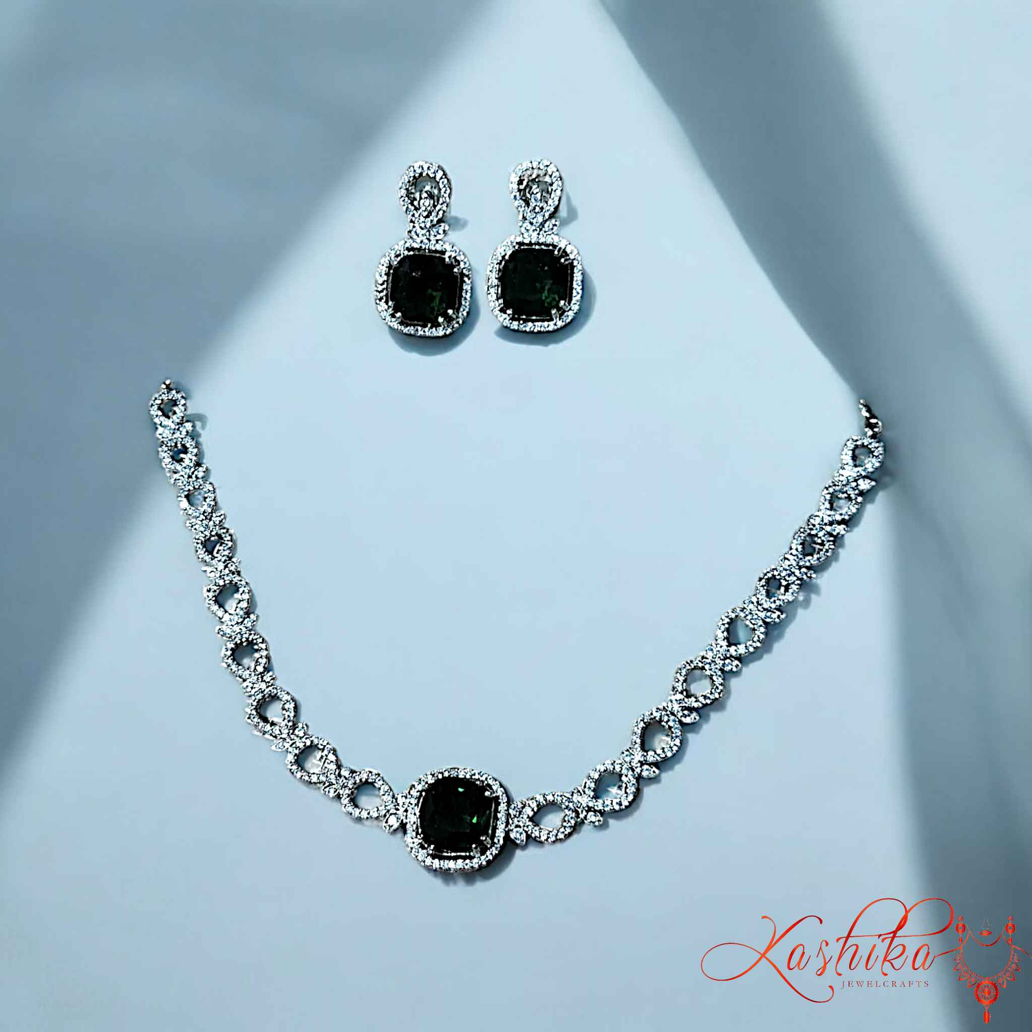 Green Square Stone American Diamond Necklace Set - Kashika JewelCrafts