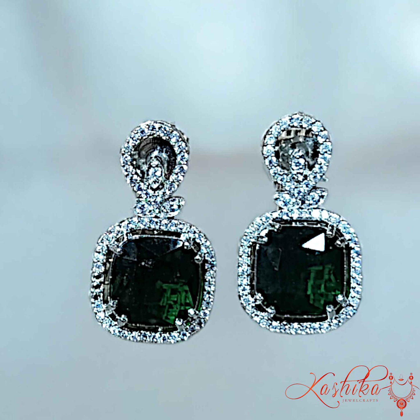 Green Square Stone American Diamond Necklace Set - Kashika JewelCrafts
