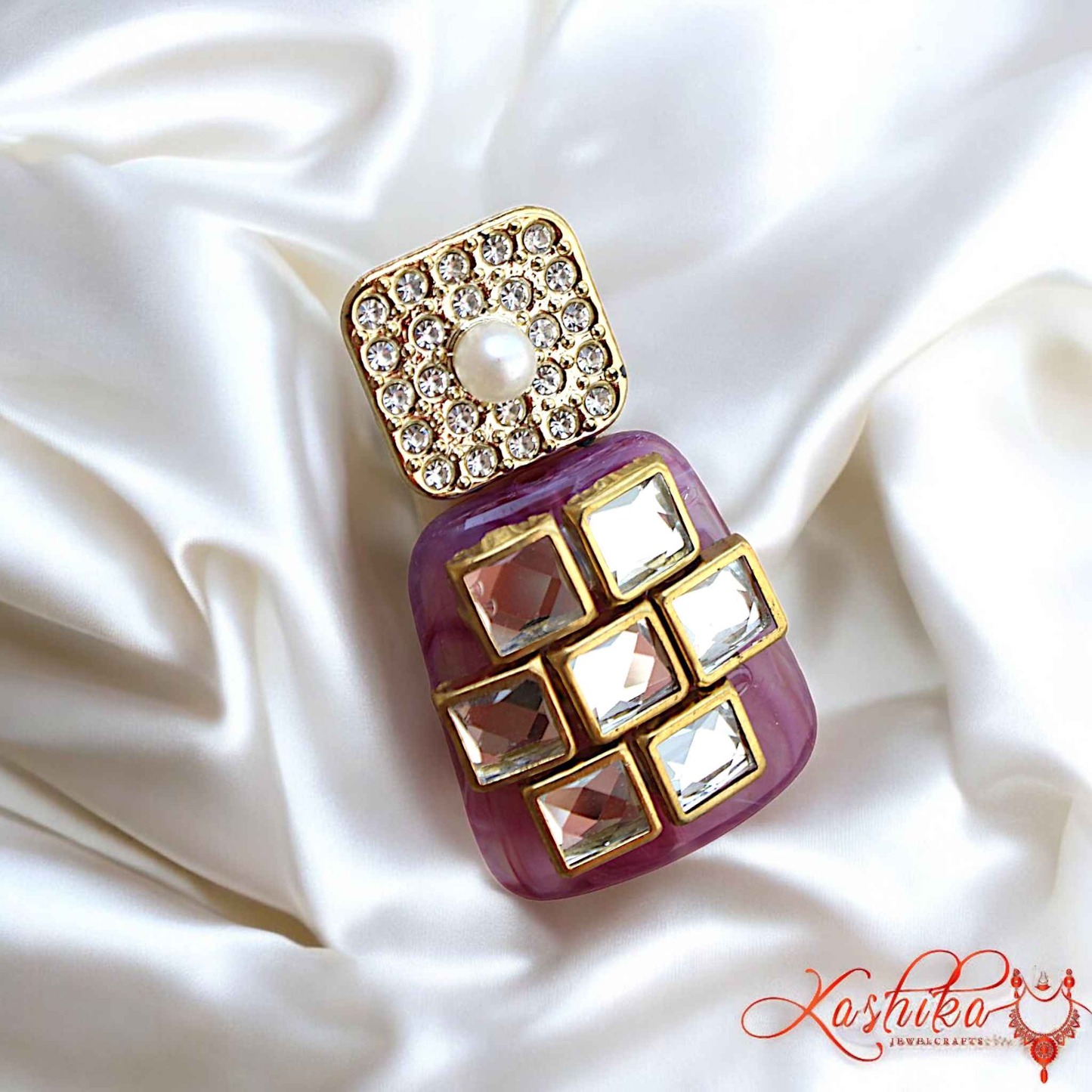 Luxury Kundan Saree Pin – Handcrafted Brooch with Pearls & Kundan Stones – Purple - Kashika JewelCrafts