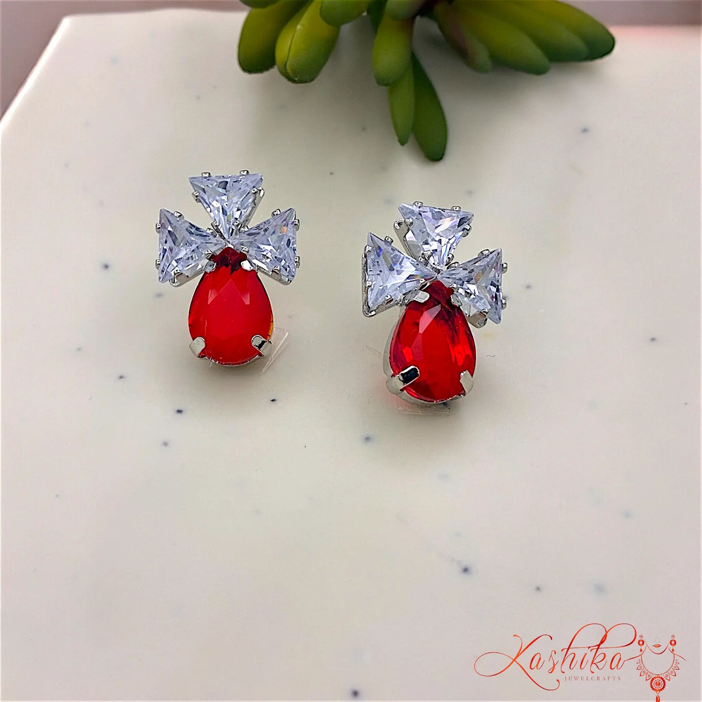 Drop Crystal Stud Earrings – Silver Finish