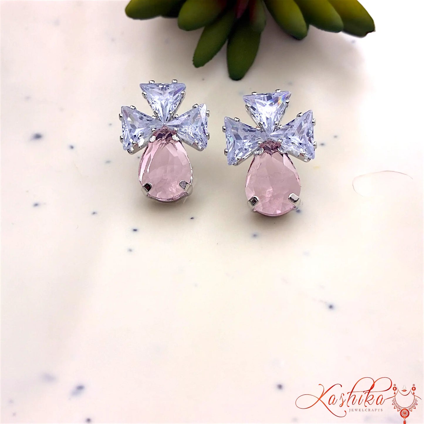 Drop Crystal Stud Earrings – Silver Finish