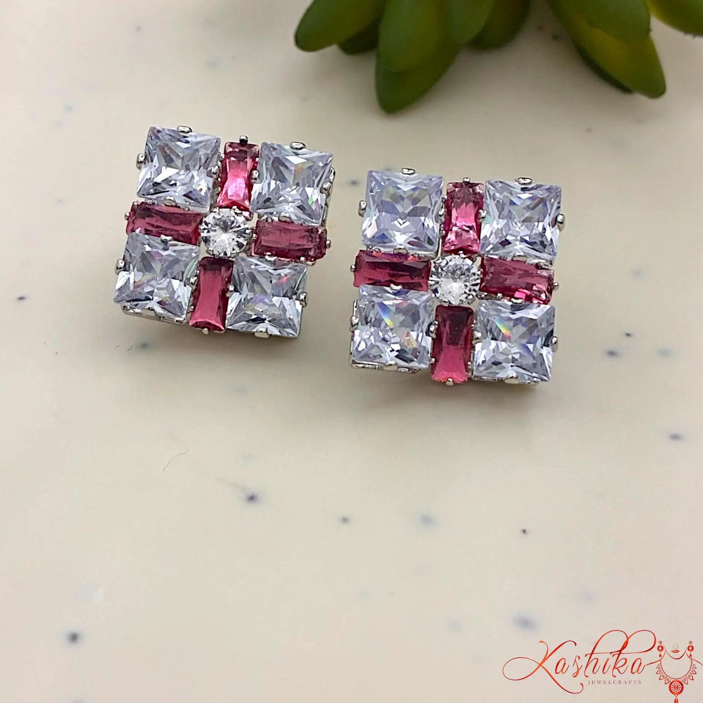 Crystal Square Stud Earrings | Elegant Silver-Tone Statement Studs