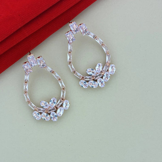 Rose Gold Crystal Halo Drop Earrings for Women | Elegant Party & Wedding Wear