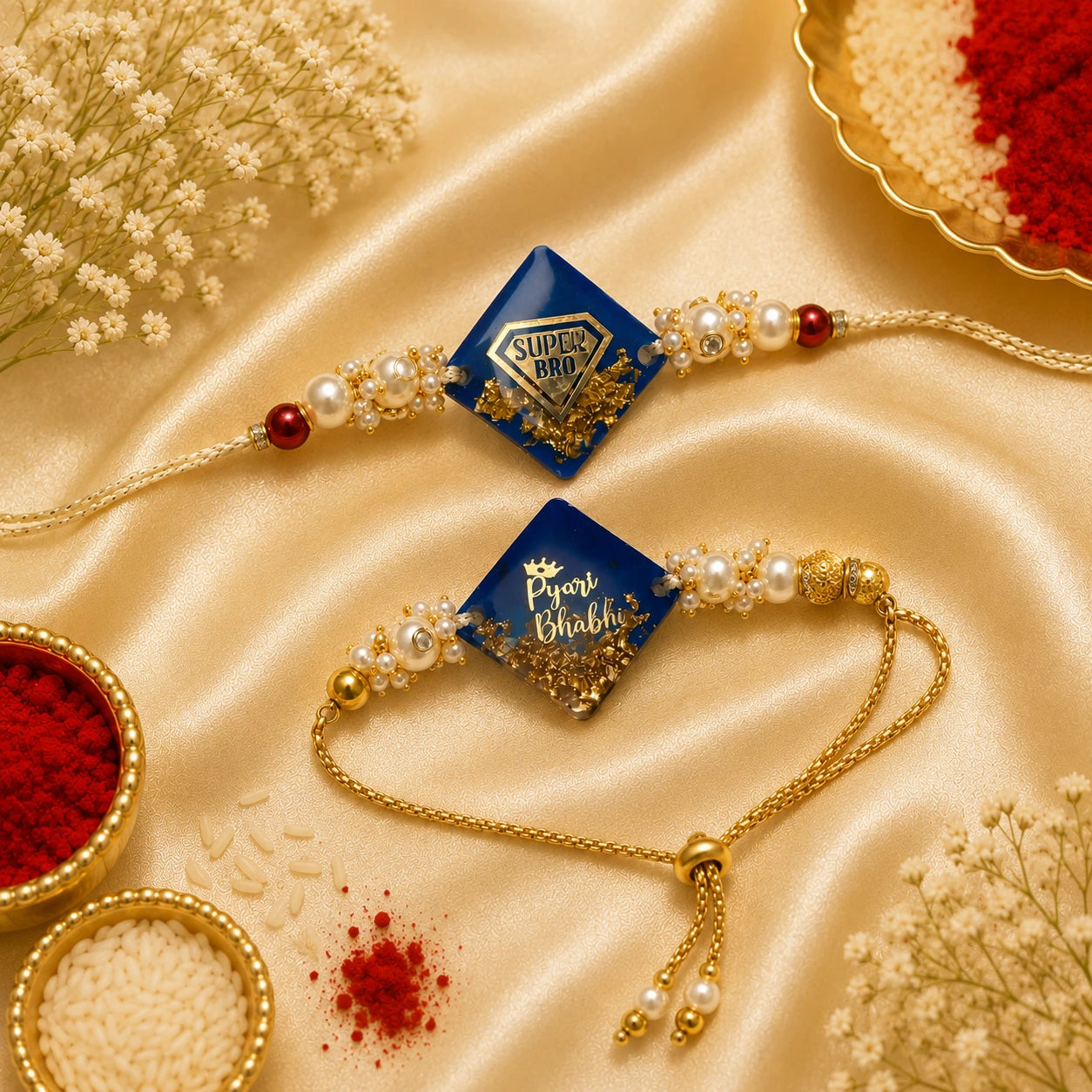 Royal Blue Super Bro & Pyari Bhabhi Resin Bhai Bhabhi Rakhi Set featuring gold foil resin charms, pearl embellishments, adjustable designer Lumba, and matching Bhai Rakhi by Kashika JewelCrafts.