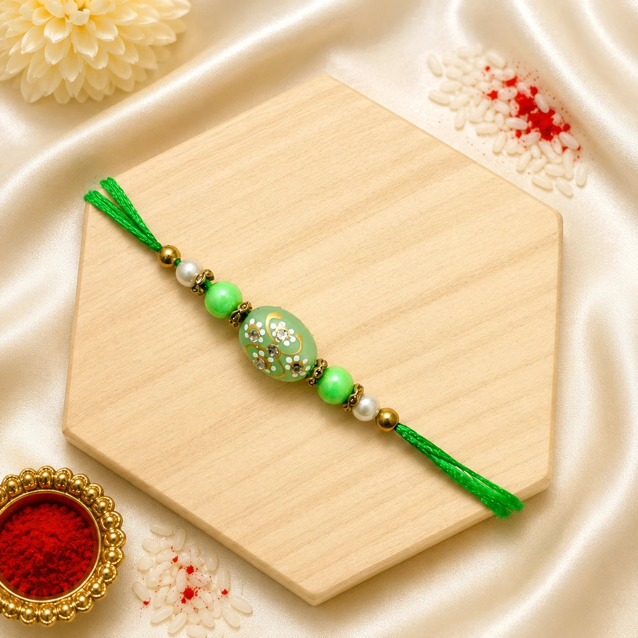 Green Floral Bead Bhai Rakhi