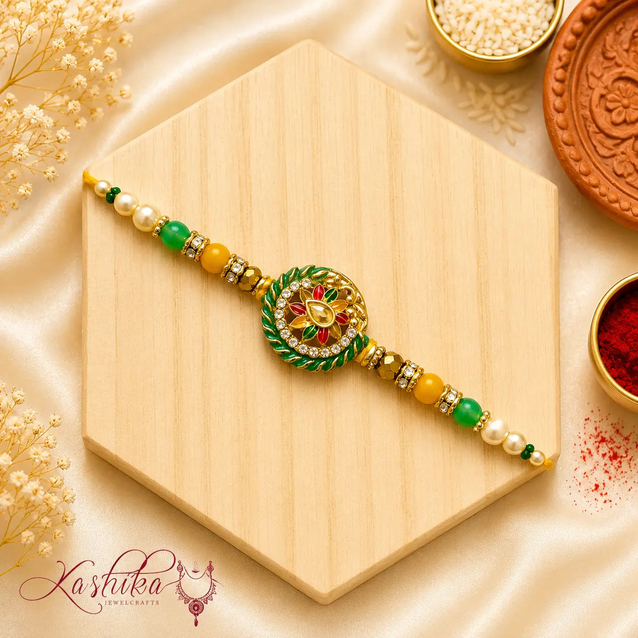 Peacock Floral Kundan Bhai Rakhi