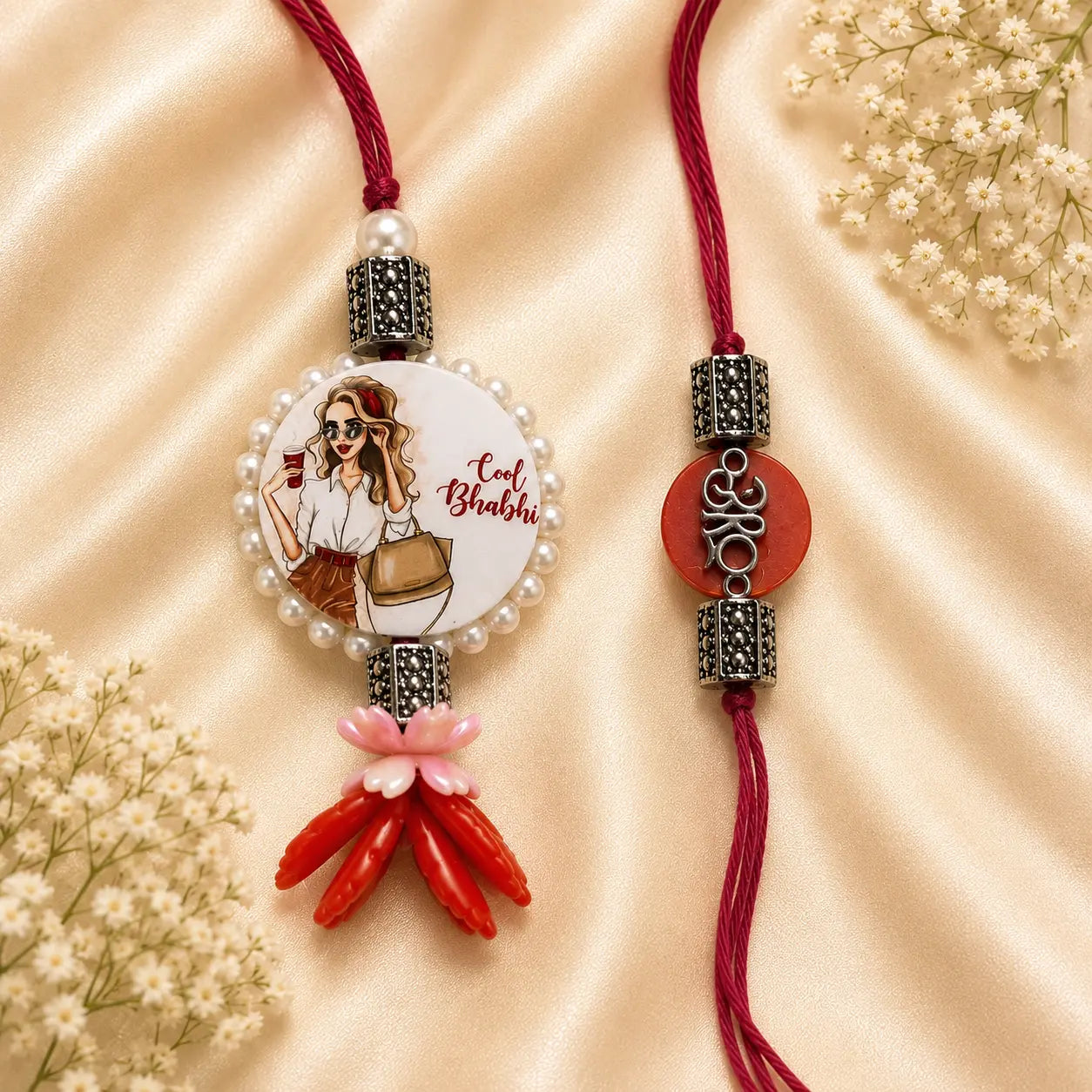 Cool Bhabhi Pearl Charm Bhai Bhabhi Rakhi Set featuring a designer illustrated Lumba with pearl border, floral tassel, and matching metal charm Bhai Rakhi by Kashika JewelCrafts.