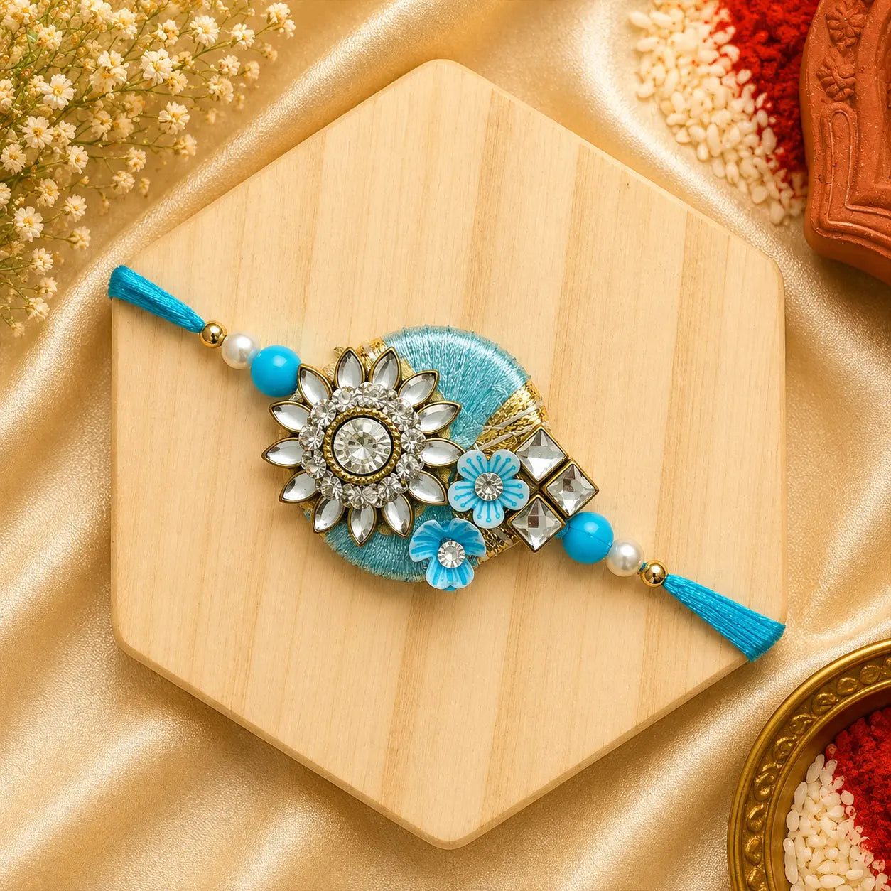 Blue Floral Designer Bhai Rakhi