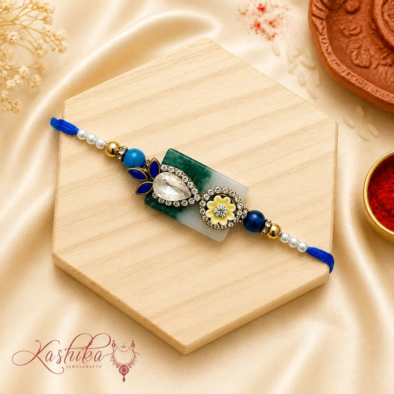 Emerald Crystal Floral Bhai Rakhi