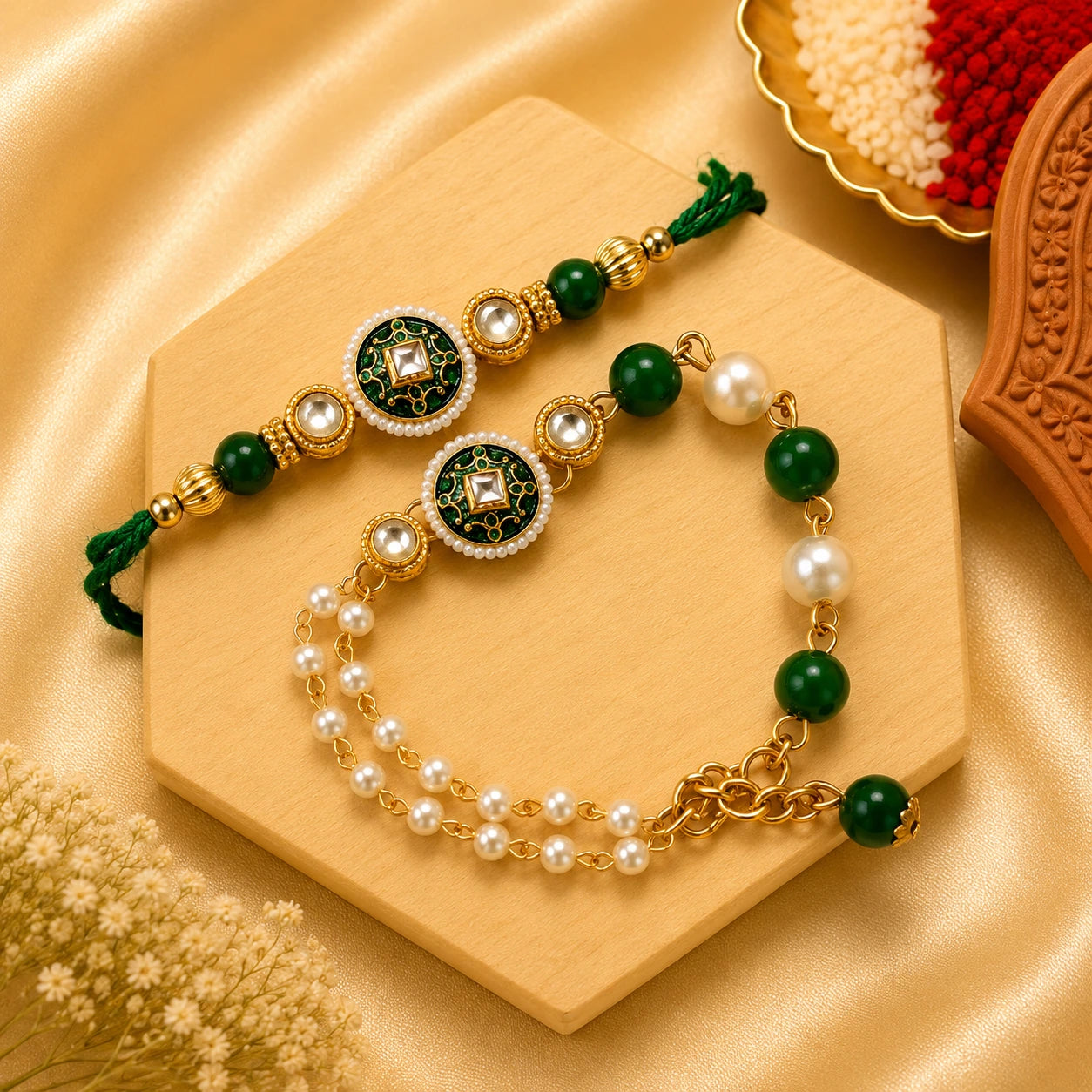 Handmade Green Pearl Kundan Bhai Bhabhi Rakhi Set featuring a round green enamel kundan centerpiece, pearl border, green beads, pearl accents, and a matching designer Lumba with pearl chains by Kashika JewelCrafts.
