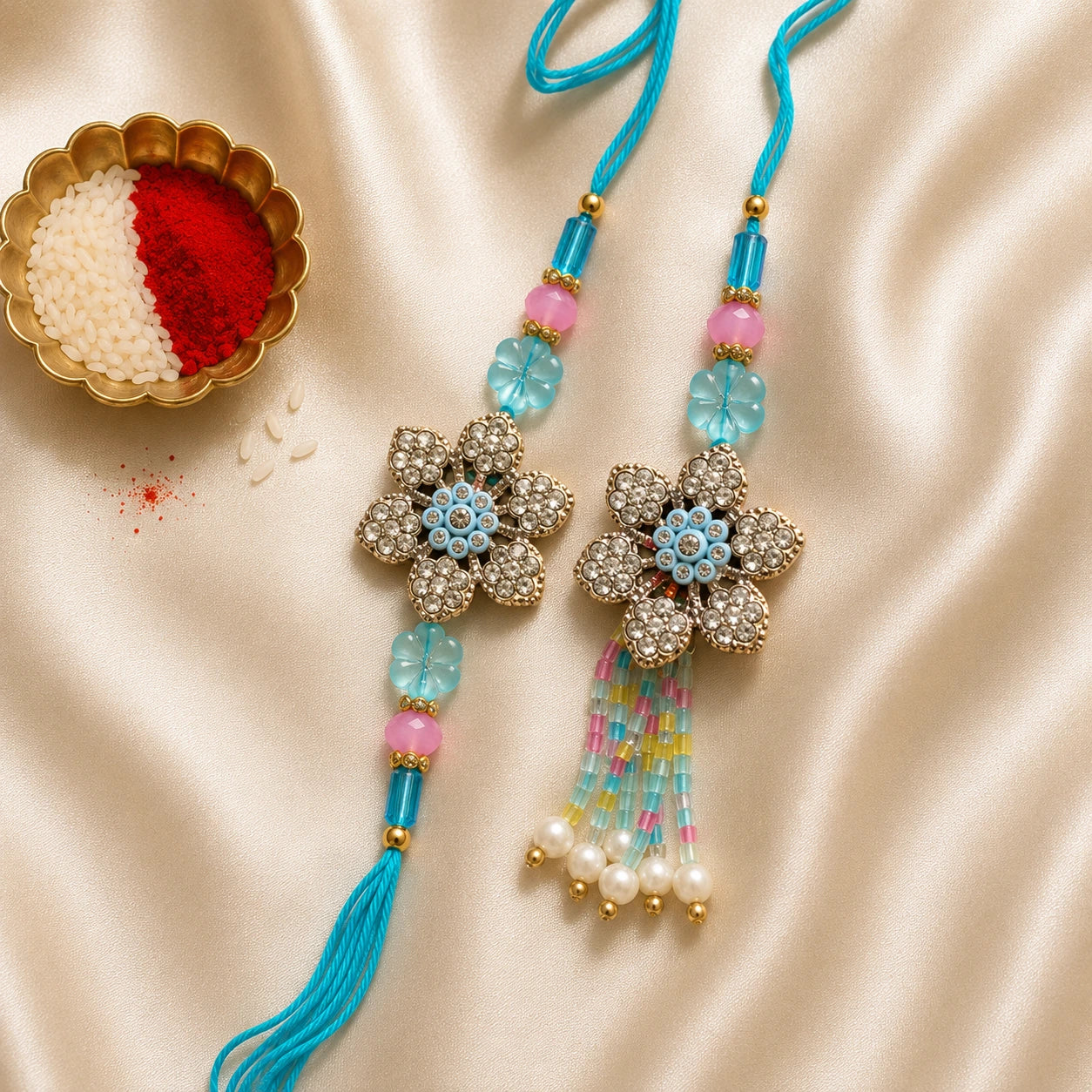 Pastel Floral Crystal Bhai Bhabhi Rakhi Set with Multicolour Bead Tassel by Kashika JewelCrafts