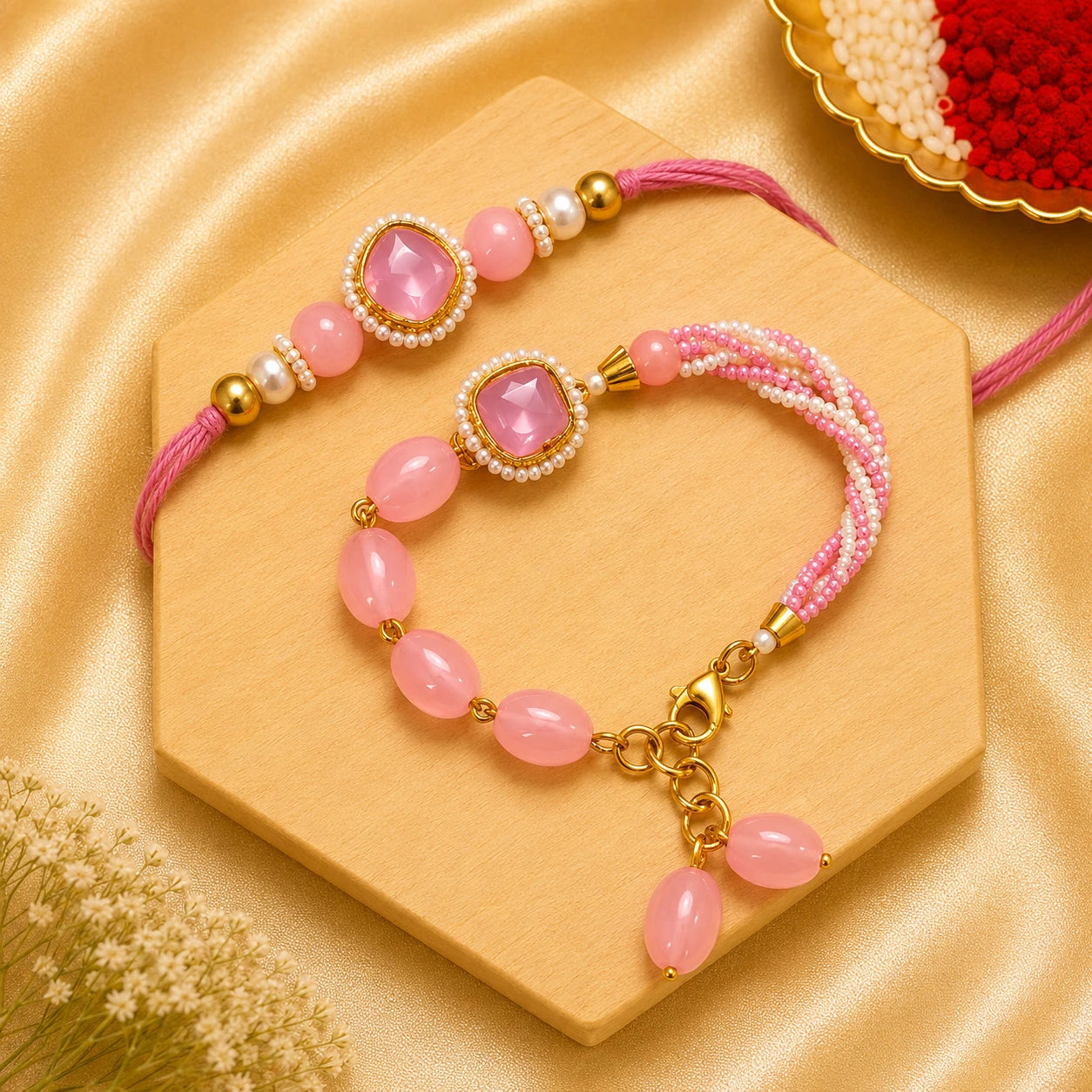 Handmade Pink Pearl Bhai Bhabhi Rakhi Set featuring a square pink gemstone, pearl border, pink beads, and a matching designer Lumba with pink and white seed bead strands by Kashika JewelCrafts.
