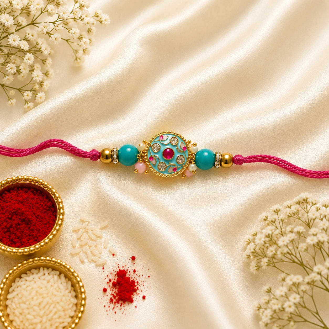 Turquoise Meenakari Floral Bhai Rakhi featuring a handcrafted Meenakari centerpiece with sparkling stones, pink center stone, turquoise beads, and pink thread by Kashika JewelCrafts.
