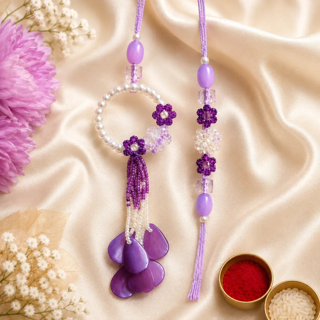 Lavender Floral Pearl Bhai Bhabhi Rakhi Set featuring a handcrafted pearl ring Lumba with crystal floral accents, lavender petal tassels, and matching designer Bhai Rakhi by Kashika JewelCrafts.
