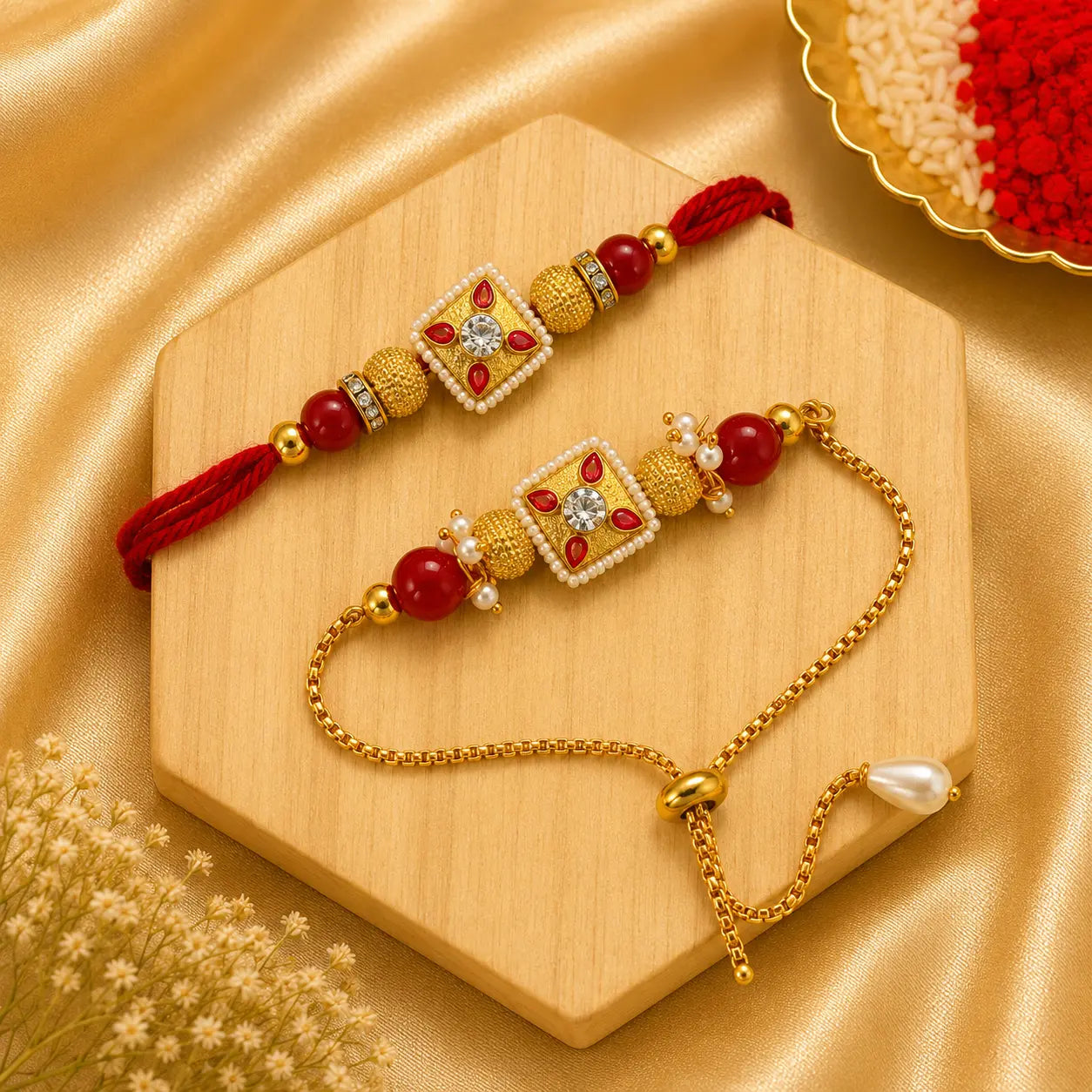 Handmade Ruby Square Kundan Bhai Bhabhi Rakhi Set featuring a square Kundan centerpiece with ruby red enamel detailing, pearl accents, textured gold beads, and a matching adjustable Lumba bracelet by Kashika JewelCrafts.