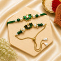 Handmade Green Lotus Bhai Bhabhi Rakhi Set with pearl detailing, green beads, and designer Lumba Rakhi by Kashika JewelCrafts.