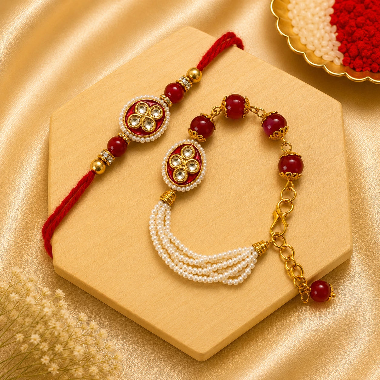 Handmade Red Kundan Pearl Bhai Bhabhi Rakhi Set featuring a round kundan centerpiece with pearl border, red beads, gold accents, and a matching pearl tassel Lumba by Kashika JewelCrafts.