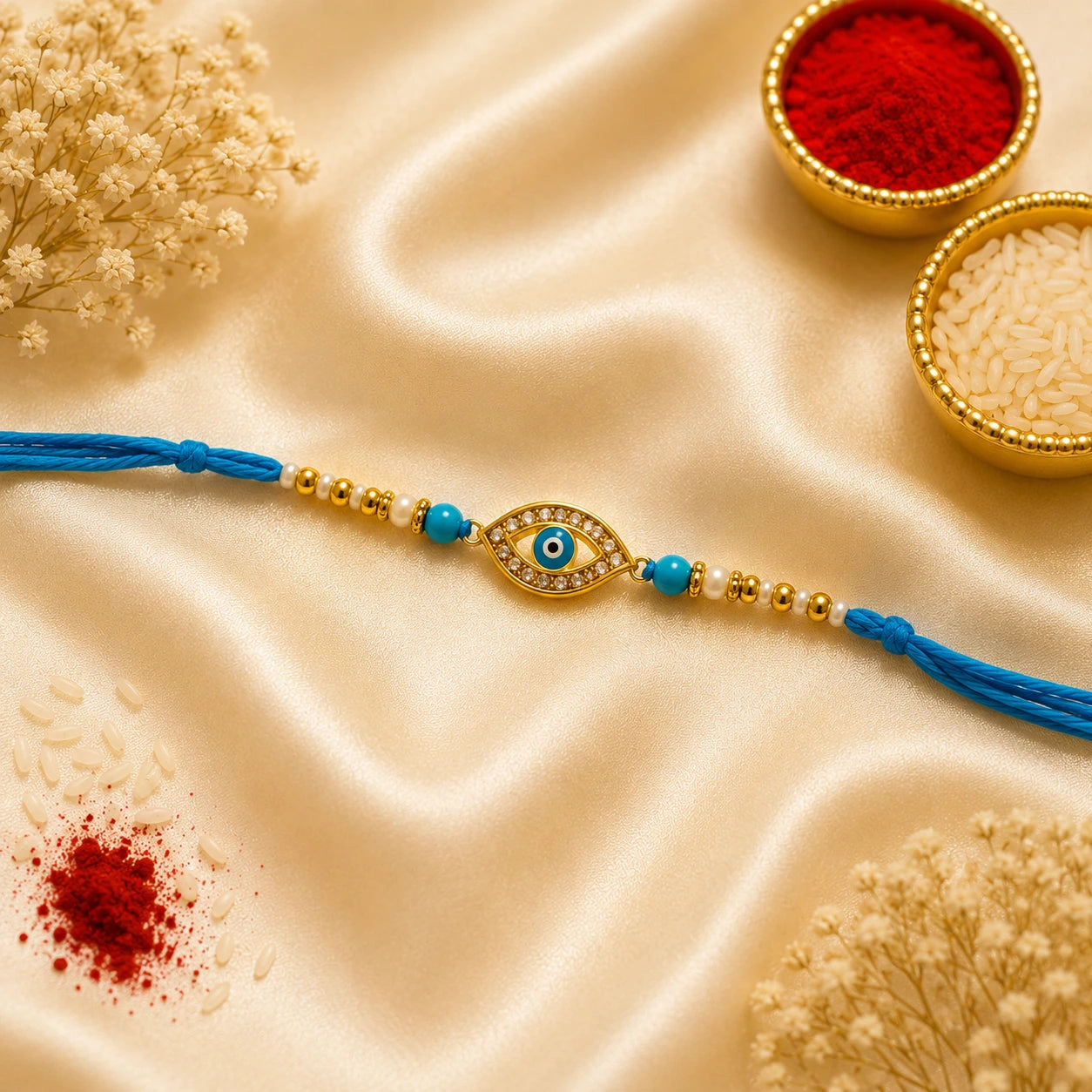 Blue Evil Eye CZ Bhai Rakhi featuring a gold-toned evil eye charm with sparkling cubic zirconia stones, turquoise beads, pearl accents, and blue thread by Kashika JewelCrafts.