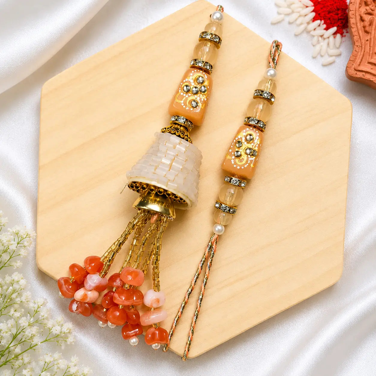 Handmade Peach Couple Rakhi Set