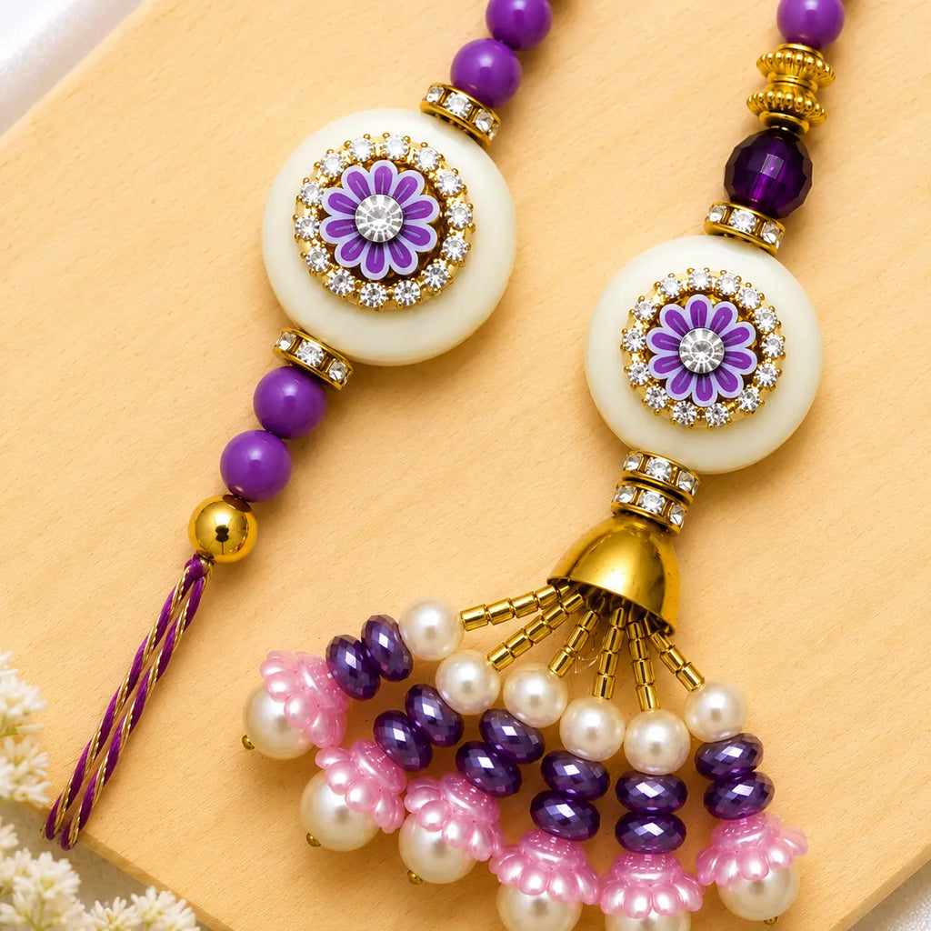 Purple Floral Bhai Bhabhi Rakhi Set with Designer Lumba and Pearl Beads