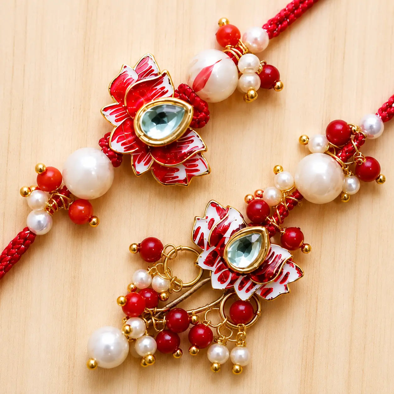 Handcrafted Lotus Kundan Rakhi Set with Pearl & Red Beads | Premium Designer Rakhi for Brother