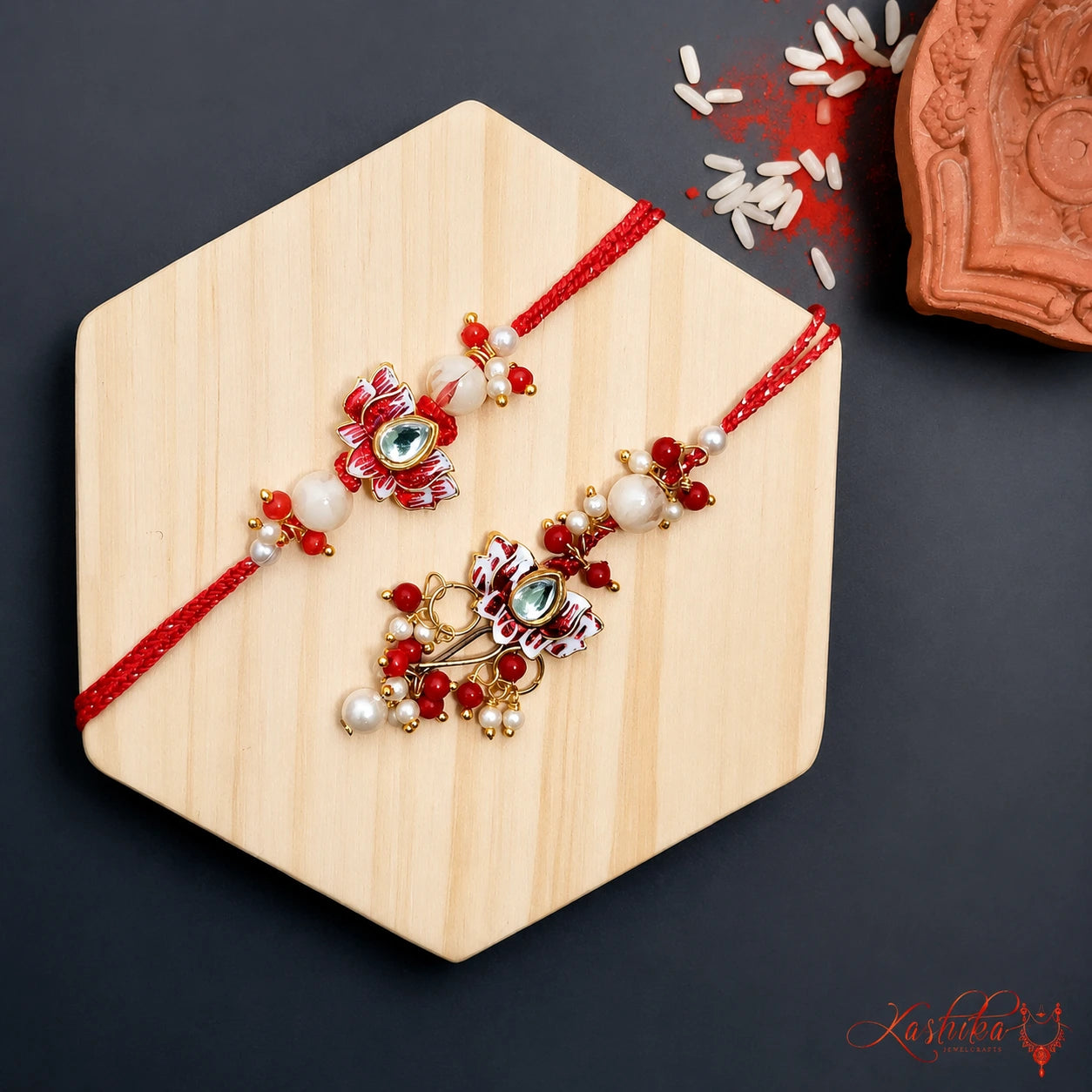 Handcrafted Lotus Kundan Rakhi Set with Pearl & Red Beads | Premium Designer Rakhi for Brother
